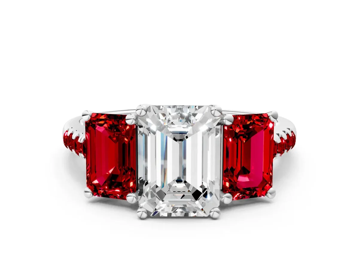 Three-Stone Emerald Cut Diamond Ring with Round Ruby Pavé Band and Prong Setting Silver