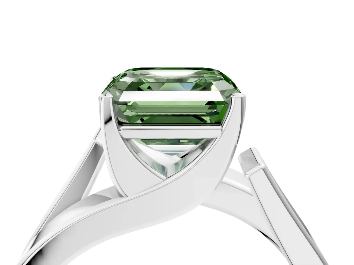 Fancy Green Modern Tension Set Asscher Cut Diamond Solitaire Wide Band Ring Platinum