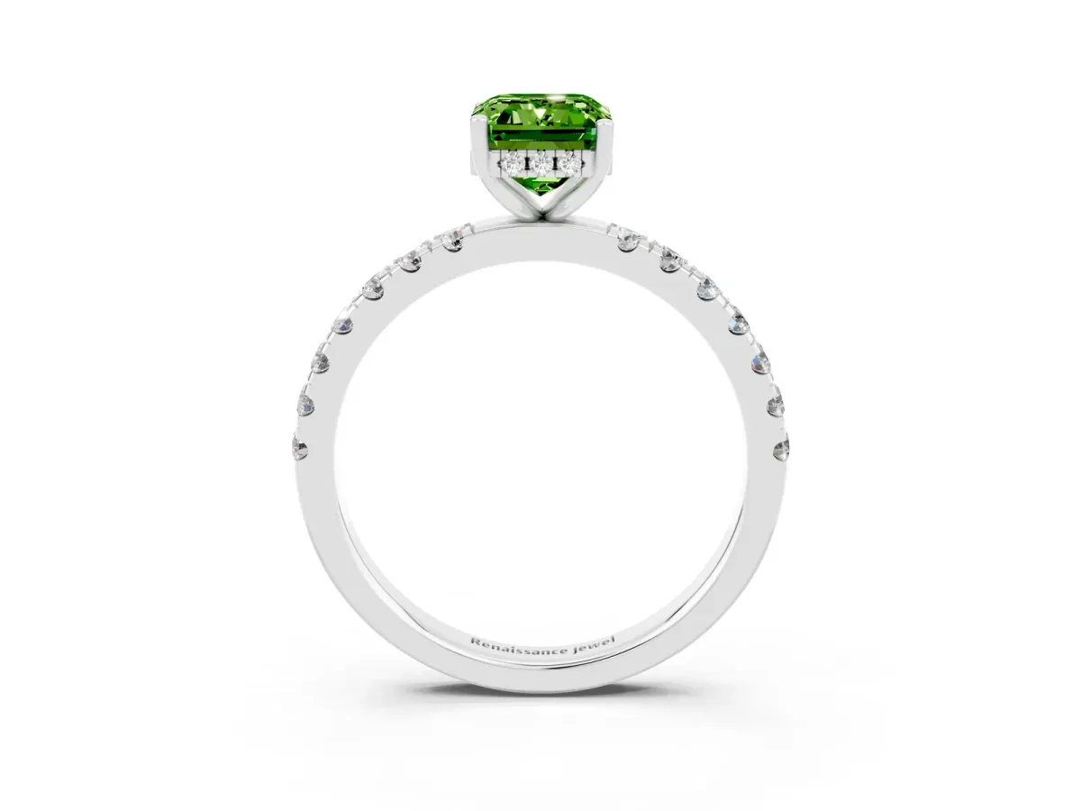 Emerald Cut Peridot Pave Band Solitaire Ring with Round and Prong Setting Silver