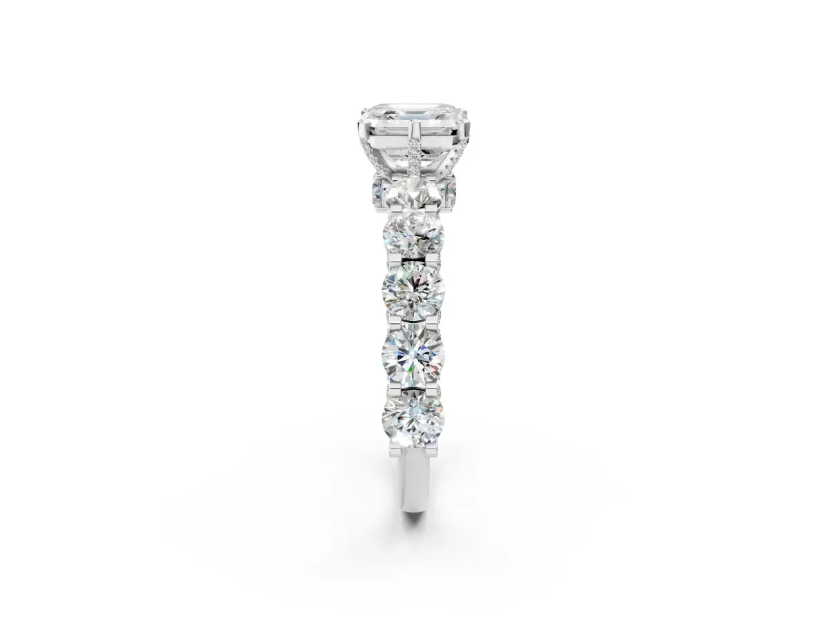 Asscher Cut Diamond Side Stone Engagement Ring with Four-Prong Setting White gold