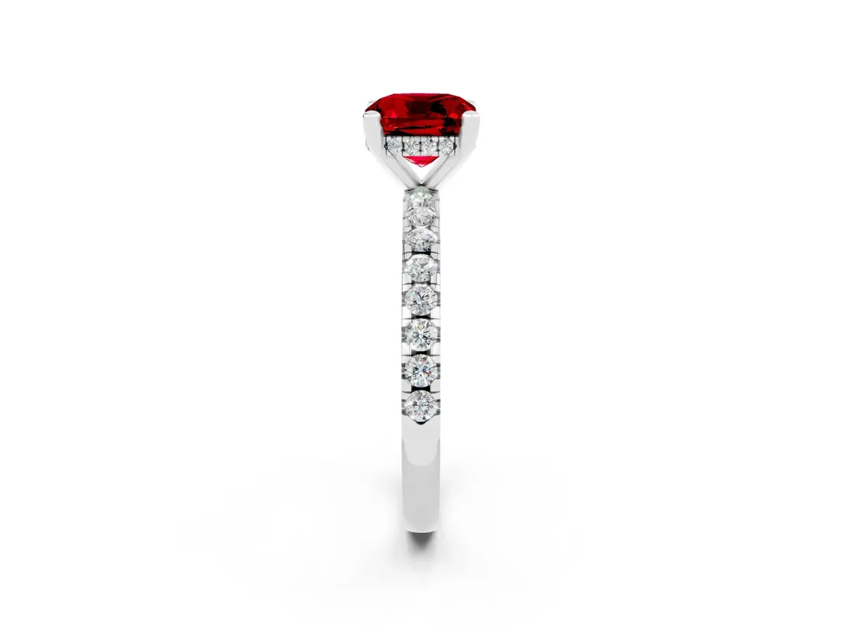 Cushion Cut Ruby Solitaire Ring with Round Pavé Band and Four-Prong Setting Silver
