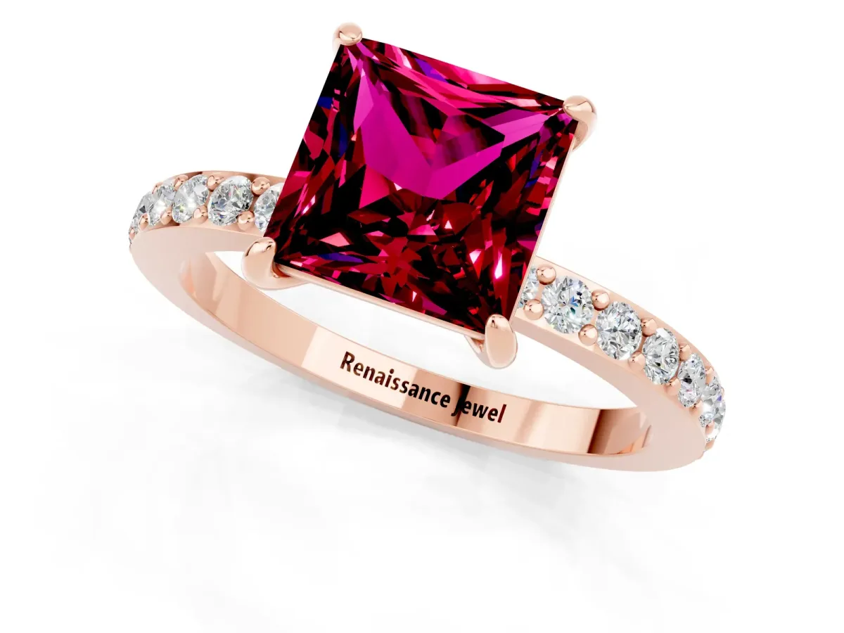 Princess Cut Garnet Solitaire Engagement Ring with Pavé Band and Four-Prong Setting Rose gold
