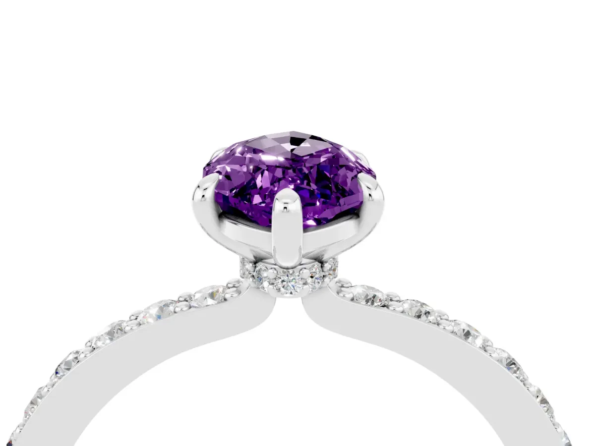 Marquise Cut Amethyst Solitaire Engagement Ring with Pavé Band and Four-Prong Setting White gold