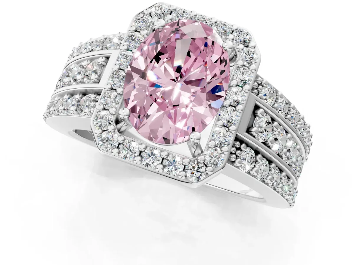 Fancy Pink Oval Cut Halo Diamond Ring with Round Split Shank and Prong Setting Silver
