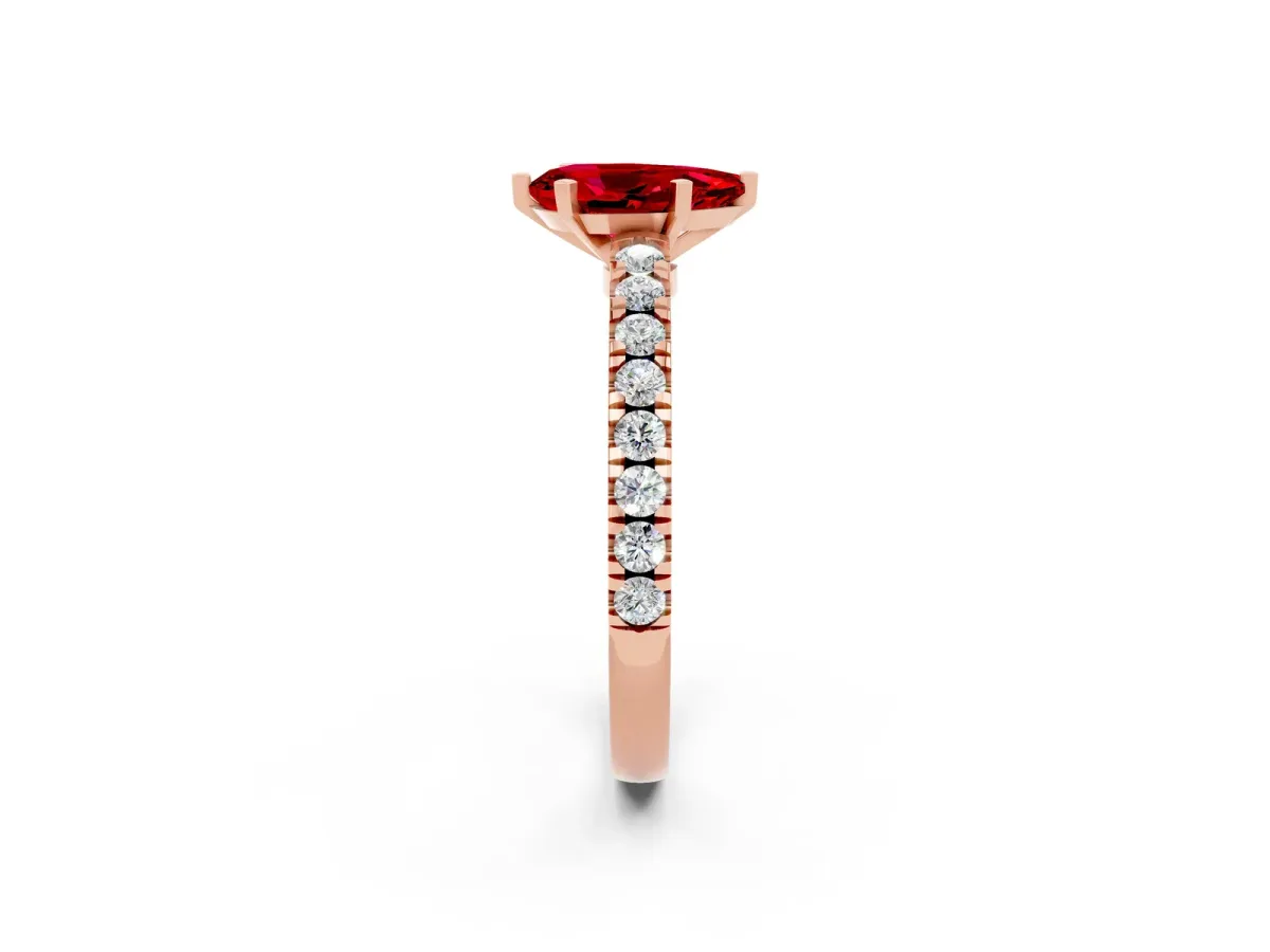 Pear Cut Solitaire Ruby with Pavé Band and Four-Prong Setting Rose gold