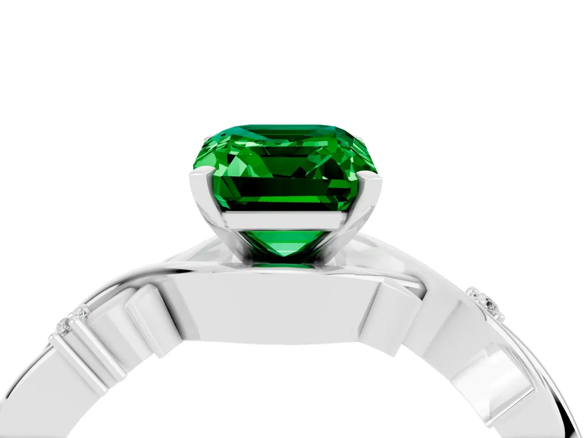 Emerald Cut Emerald Solitaire Ring with Twisted Band and Prong Setting Silver