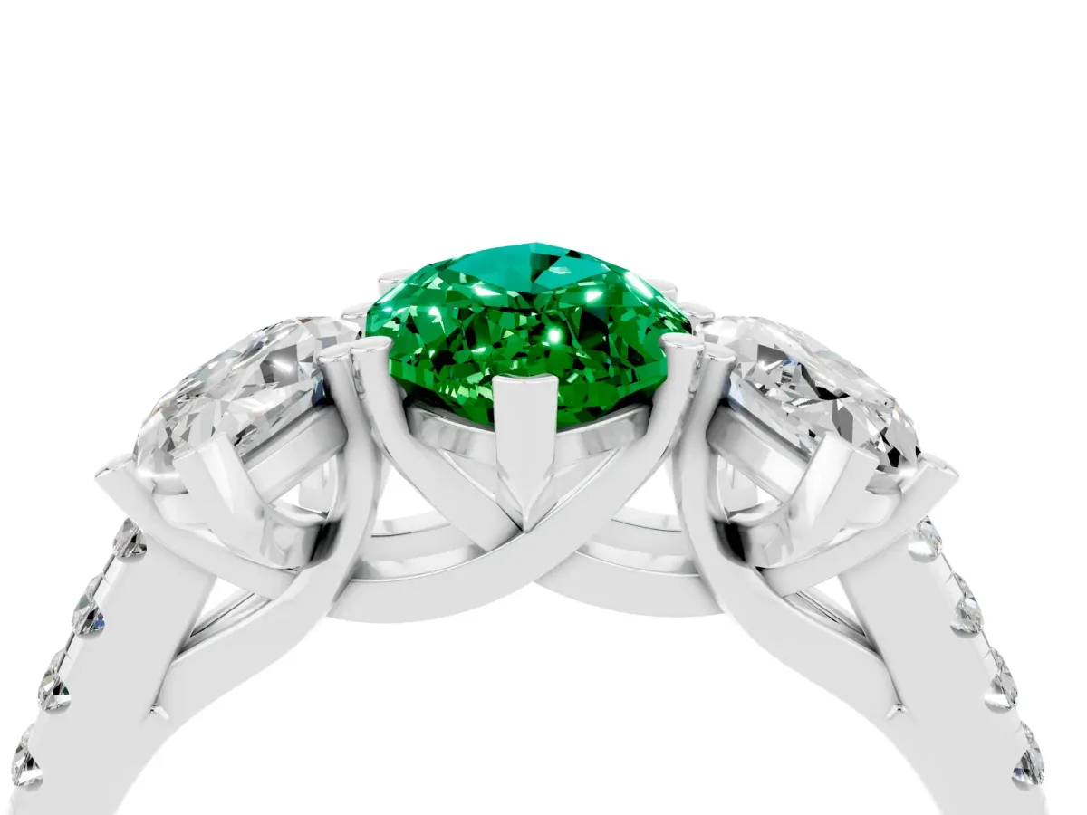 Three-Stone Marquise Cut Emerald Ring with Round Pavé Band and Prong Setting Platinum