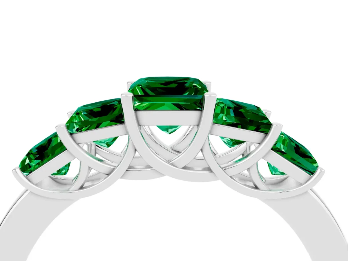 Princess Cut Five-Stone Emerald Ring with Classic Prong Setting Silver