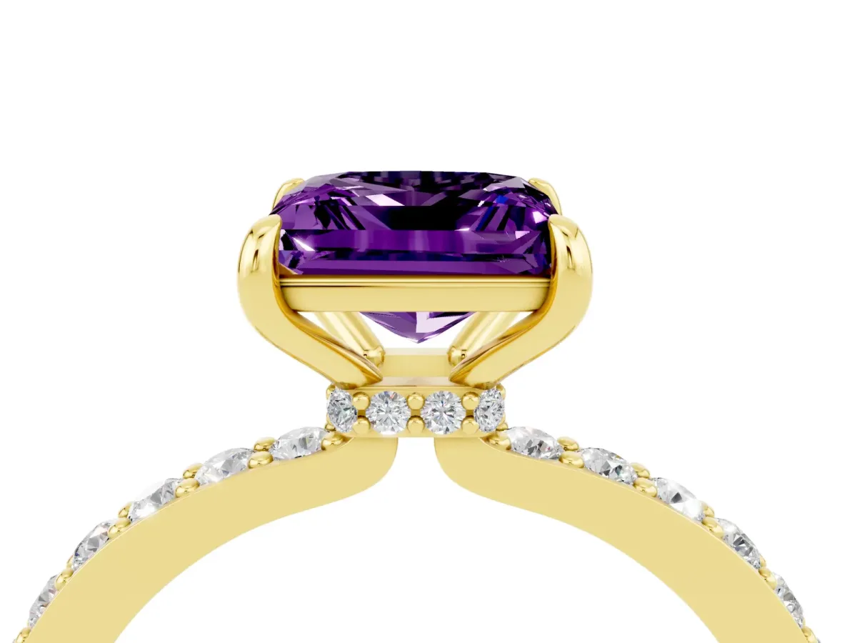 Princess Cut Amethyst Solitaire Engagement Ring with Pavé Band and Four-Prong Setting Yellow gold