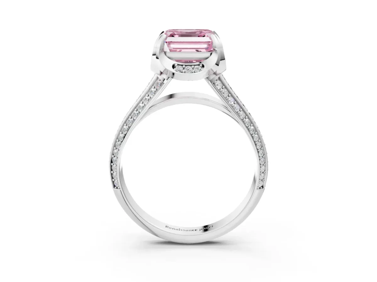 Fancy Pink Asscher Cut Solitaire Pave Split Shank Ring with Four-Prong Setting Platinum