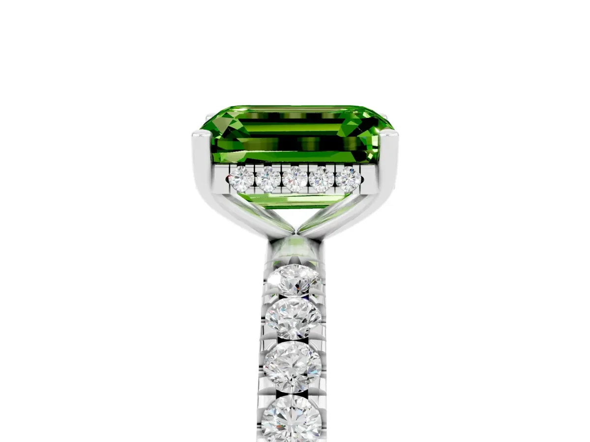 Emerald Cut Peridot Pave Band Solitaire Ring with Round and Prong Setting Silver