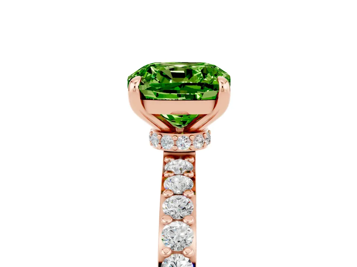 Cushion Cut Peridot Solitaire Engagement Ring with Pavé Band and Four-Prong Setting Rose gold