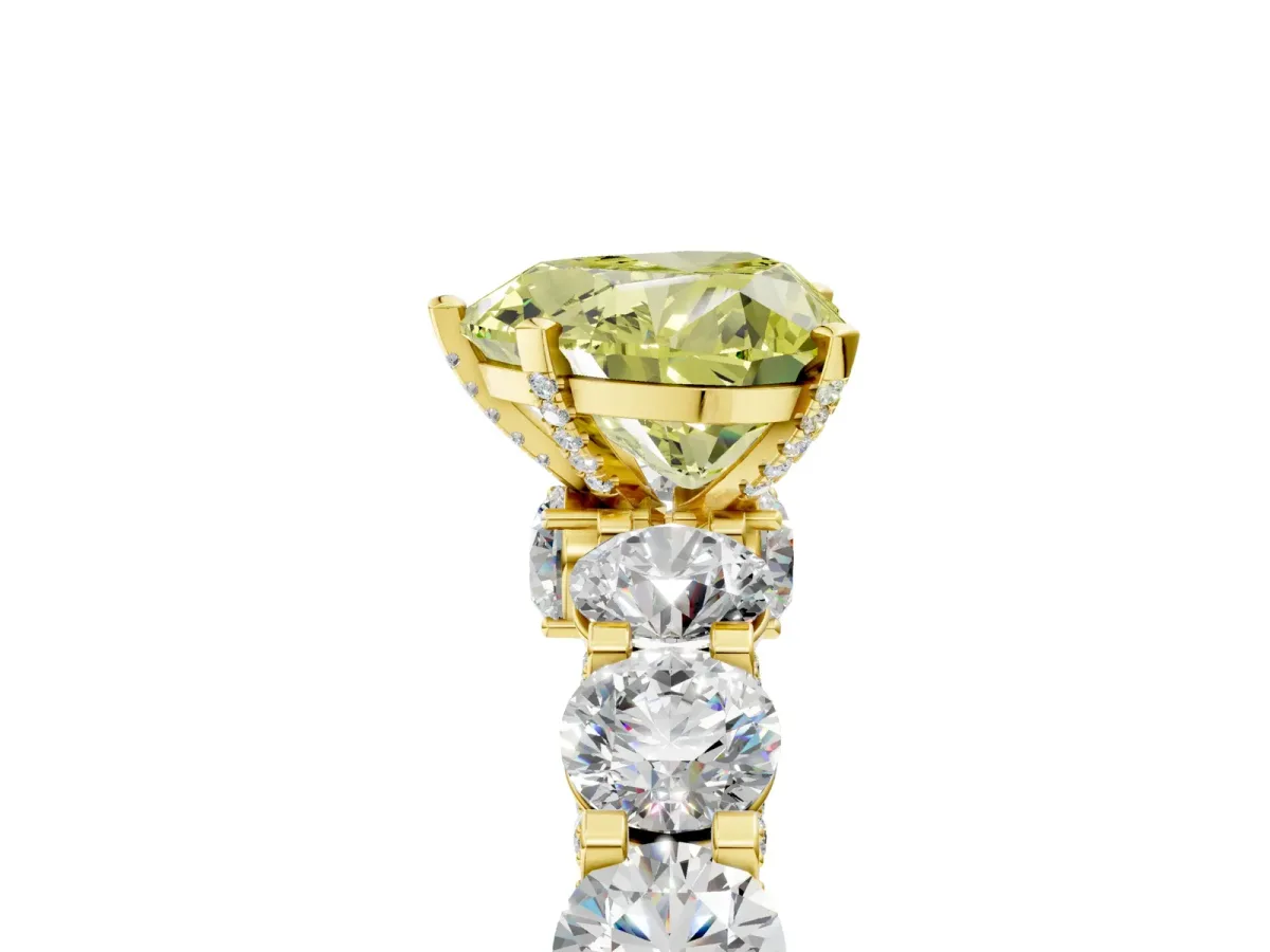 Fancy Yellow Heart Cut Diamond Side Stone Engagement Ring with Four-Prong Setting Yellow gold