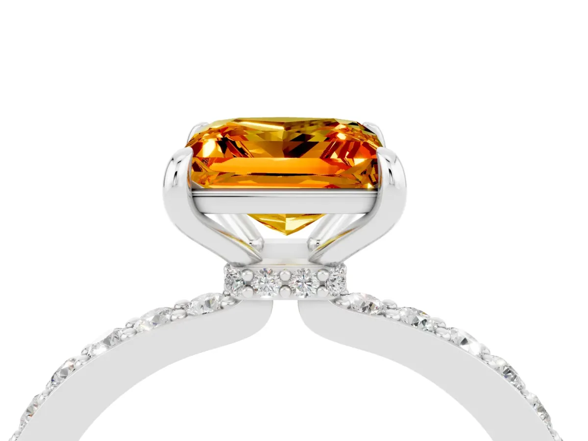 Princess Cut Citrine Solitaire Engagement Ring with Pavé Band and Four-Prong Setting White gold