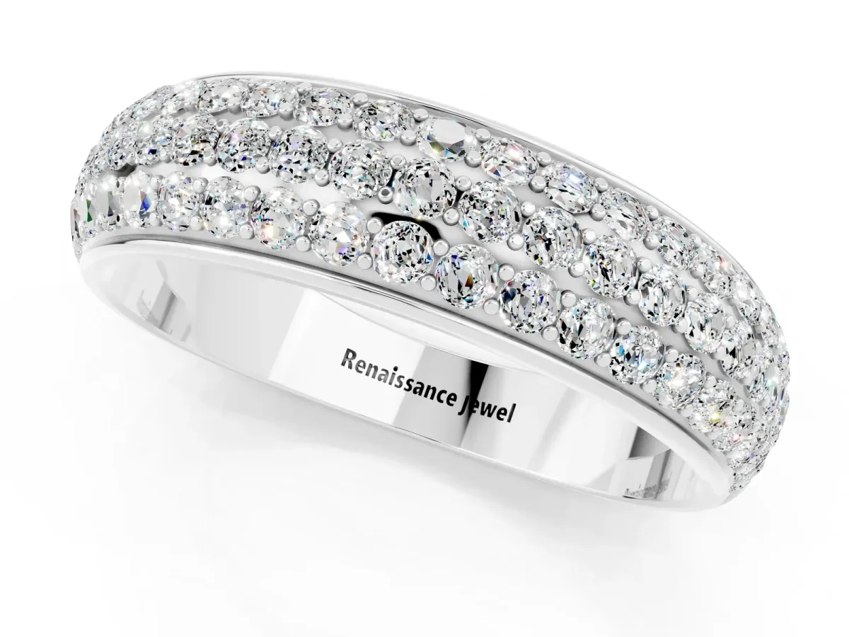 Three-Row Round Moissanite Eternity Band with Shared Prong Setting Platinum