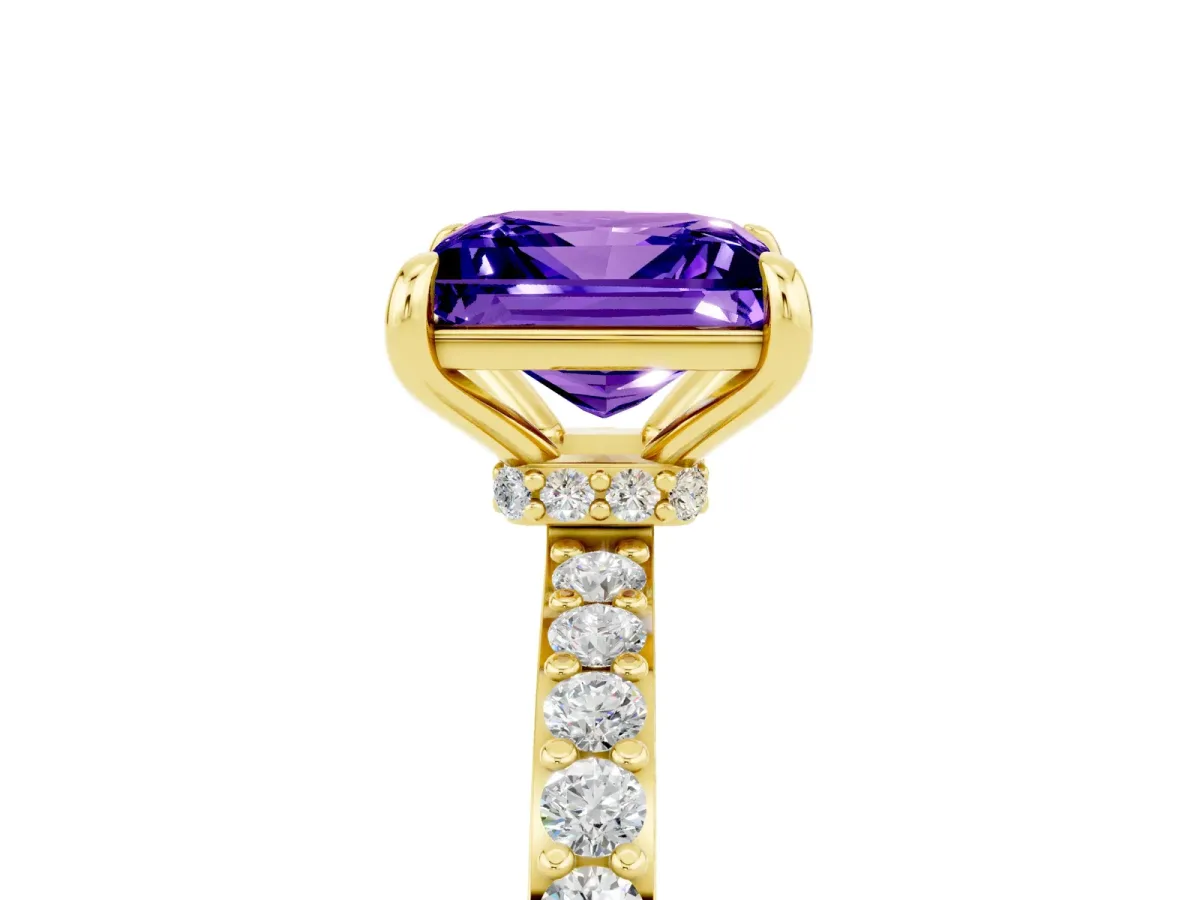 Princess Cut Tanzanite Solitaire Engagement Ring with Pavé Band and Four-Prong Setting Yellow gold