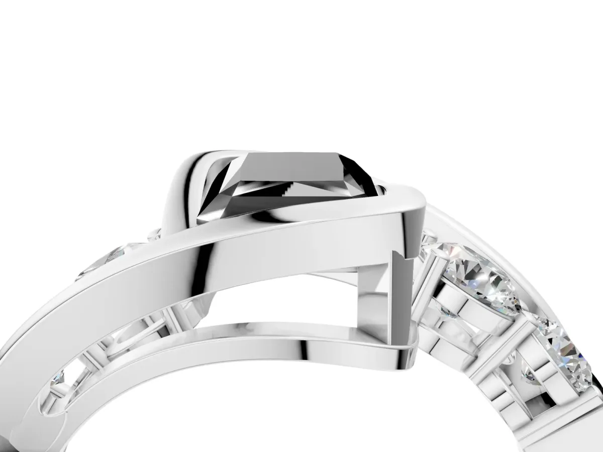 Fancy Black Bezel Set Radiant Cut Diamond Bypass Ring with Round Accents Platinum