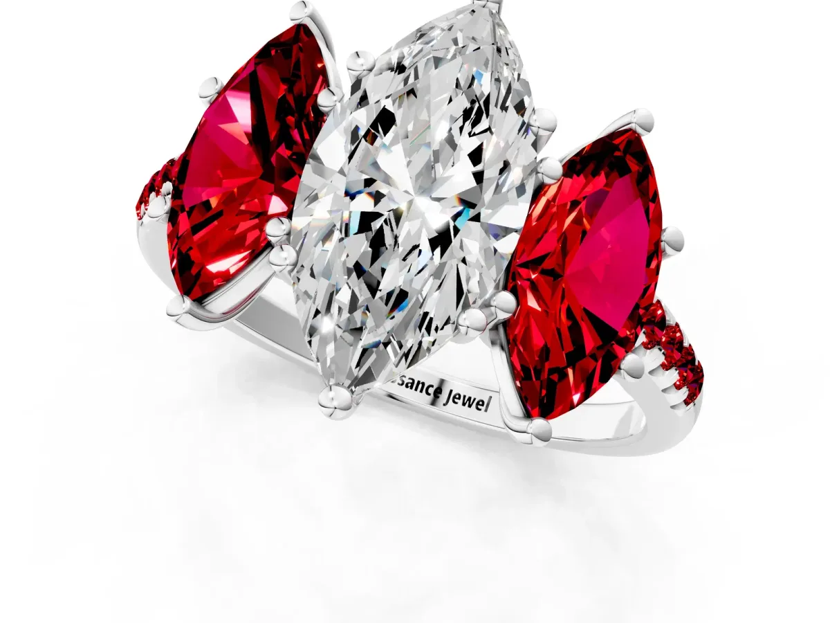 Three-Stone Marquise Cut Diamond Ring with Round Ruby Pavé Band and Prong Setting Platinum