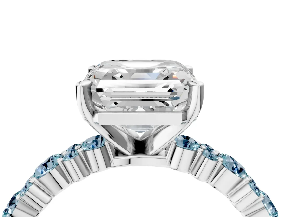Asscher Cut Diamond Side Stone Solitaire Ring with Round Aquamarine and Four-Prong Setting Platinum
