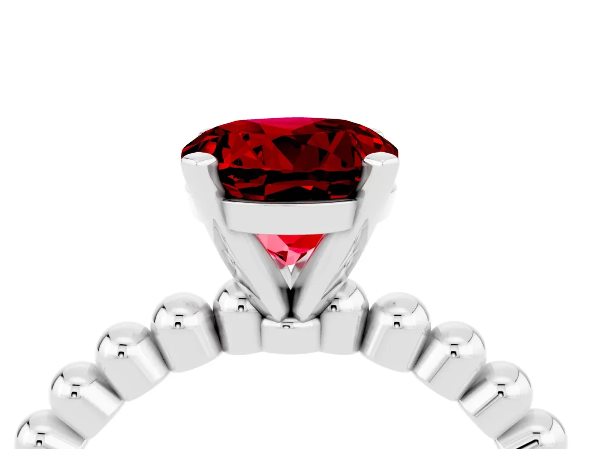 Round Cut Ruby Solitaire Ring with Beaded Band and Prong Setting White gold