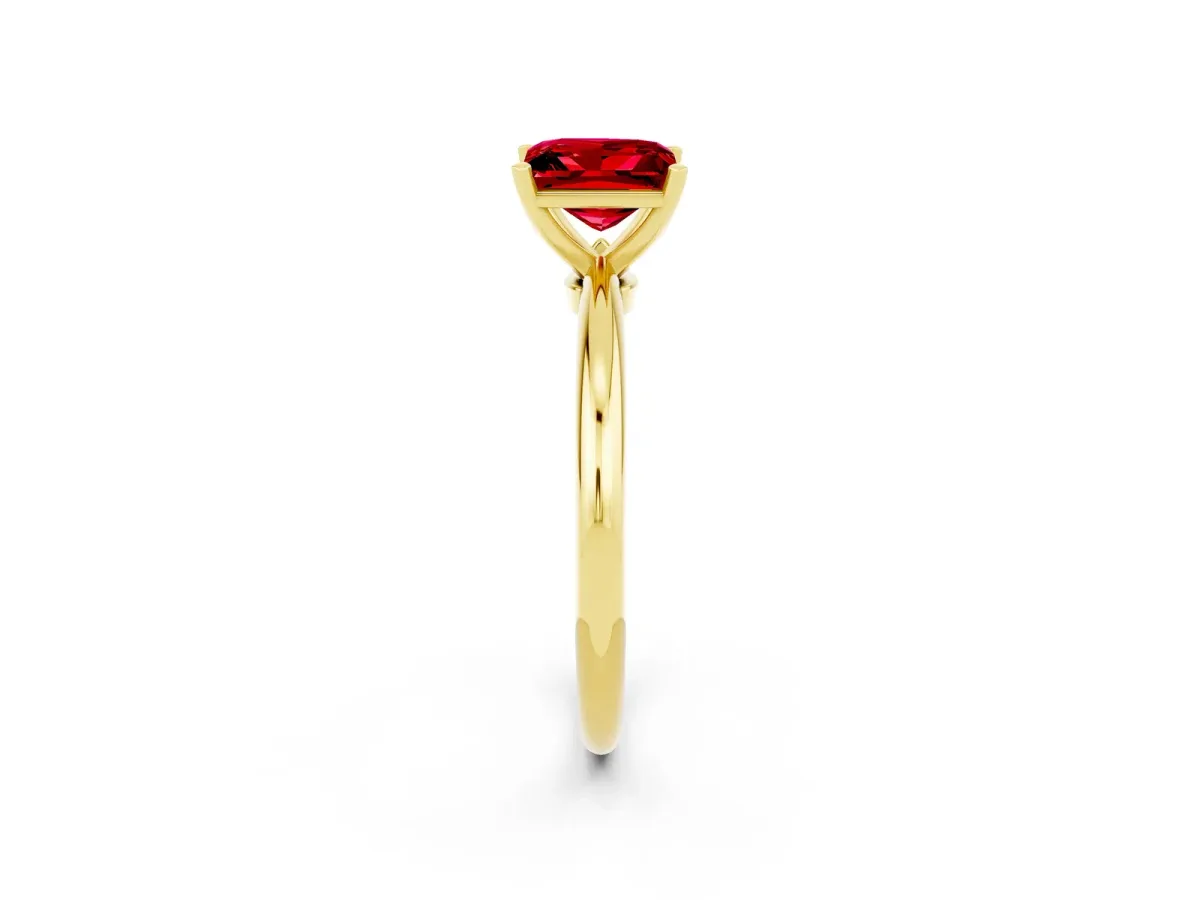 Princess Cut Ruby Solitaire Ring with Six-Prong Setting and Classic Band Yellow gold