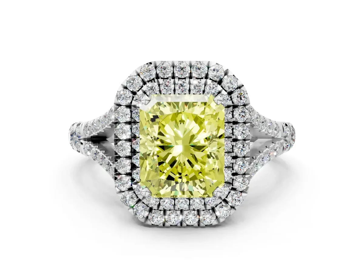 Fancy Yellow Radiant Cut Cut Double Halo Split Shank Diamond Ring with Prong Setting Platinum
