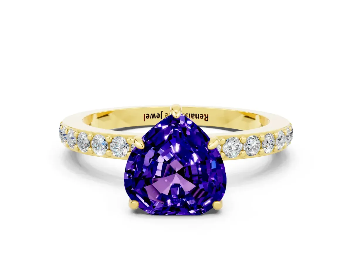 Heart Cut Tanzanite Solitaire Engagement Ring with Pavé Band and Four-Prong Setting Yellow gold