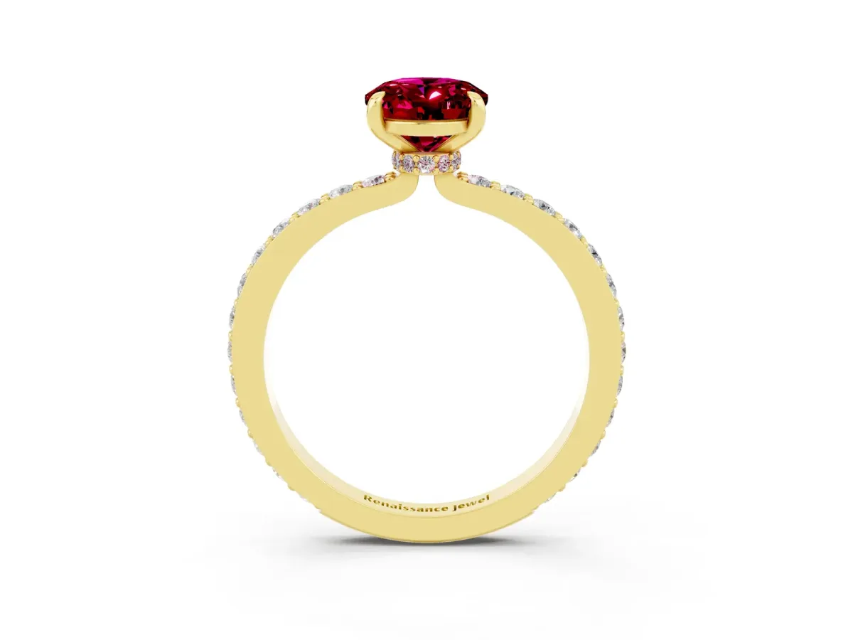 Oval Cut Garnet Solitaire Engagement Ring with Pavé Band and Four-Prong Setting Yellow gold