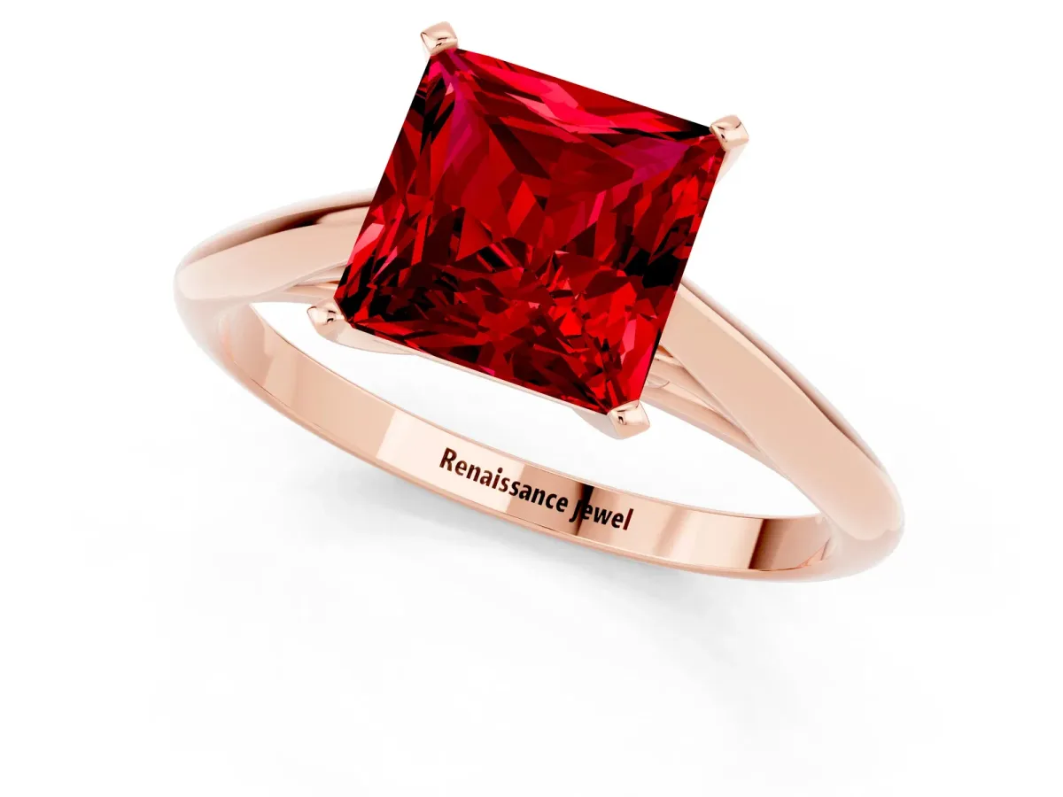 Princess Cut Ruby Solitaire Engagement Ring with Cathedral Setting and Four-Prong Mount Rose gold