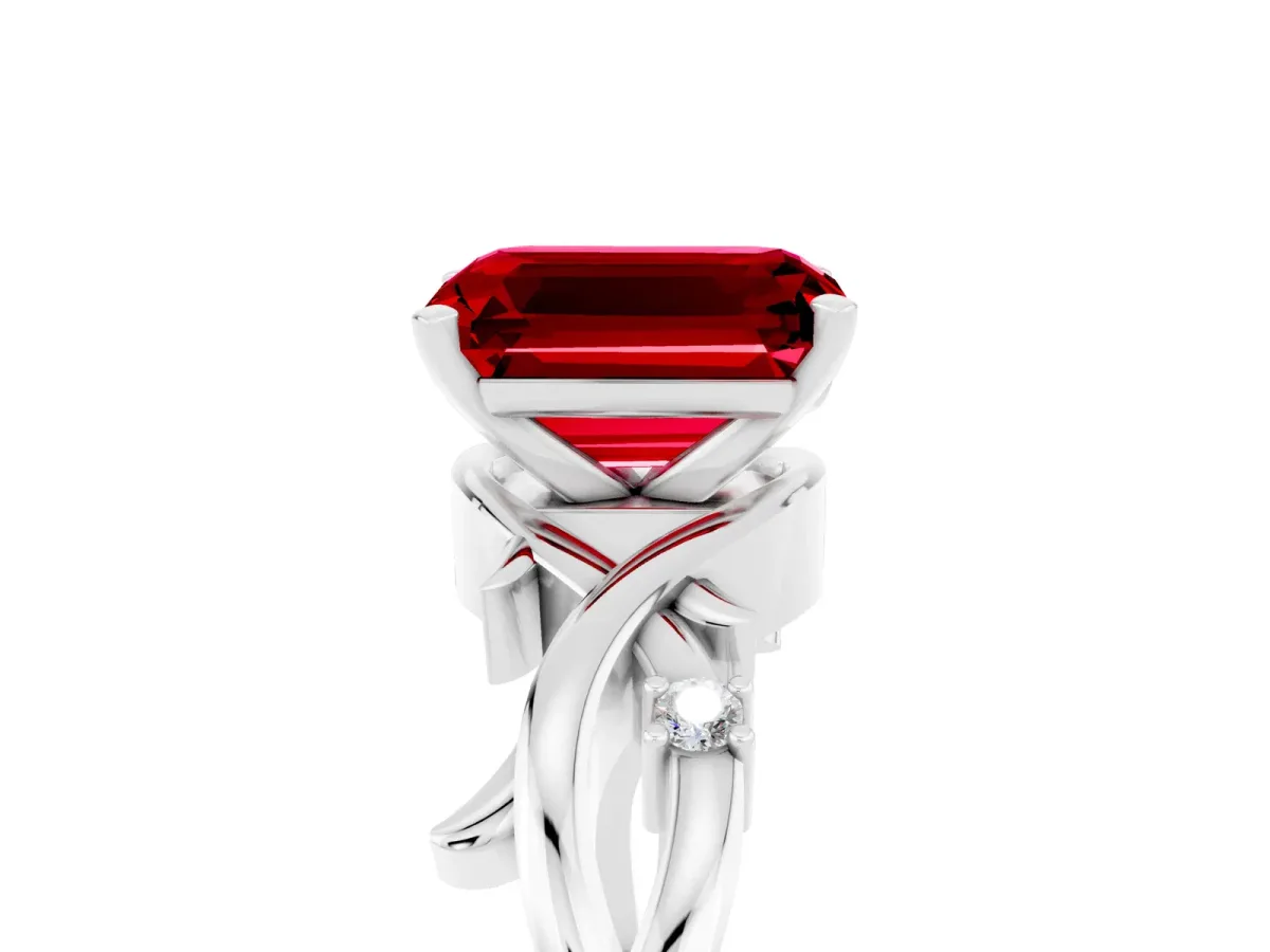 Emerald Cut Ruby Solitaire Ring with Twisted Band and Prong Setting Silver