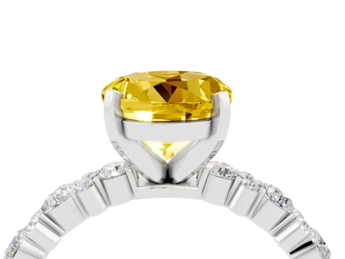 Round Cut Yellow Sapphire Side Stone Solitaire Ring with Round and Four-Prong Setting Silver