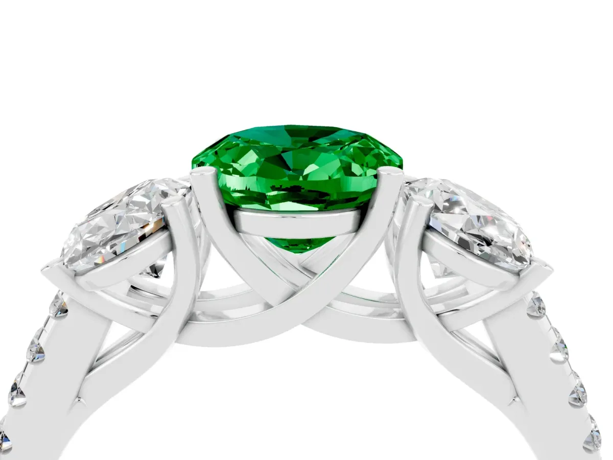 Three-Stone Oval Cut Emerald Ring with Round Pavé Band and Prong Setting Silver
