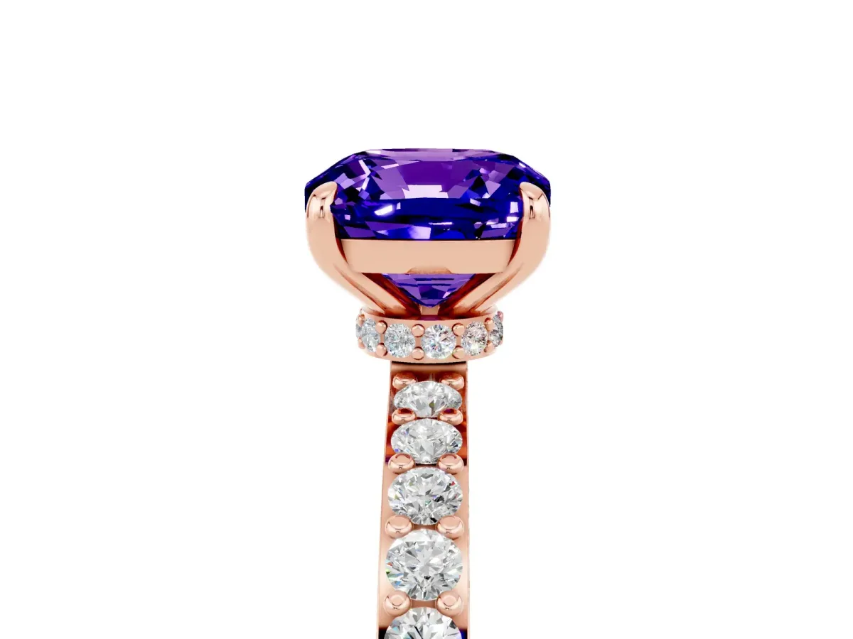 Cushion Cut Tanzanite Solitaire Engagement Ring with Pavé Band and Four-Prong Setting Rose gold
