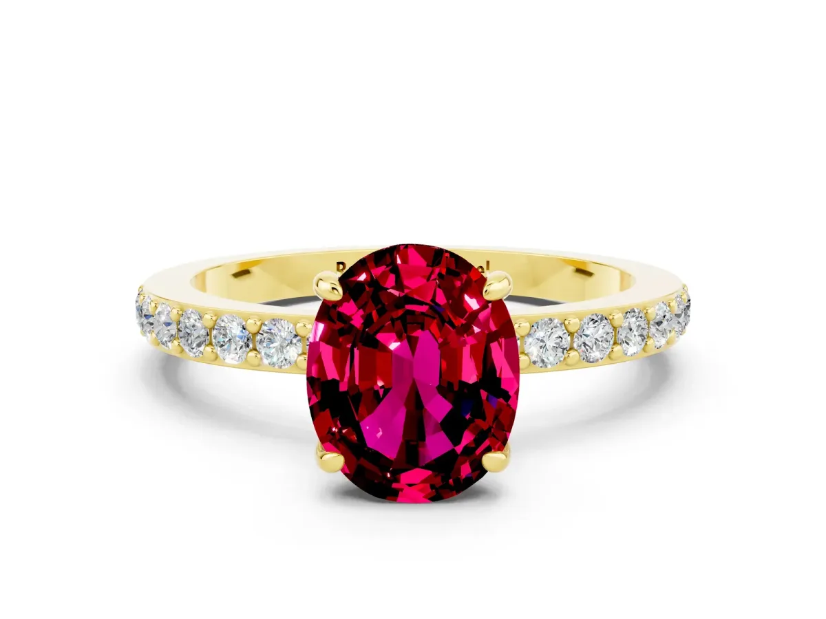 Oval Cut Garnet Solitaire Engagement Ring with Pavé Band and Four-Prong Setting Yellow gold