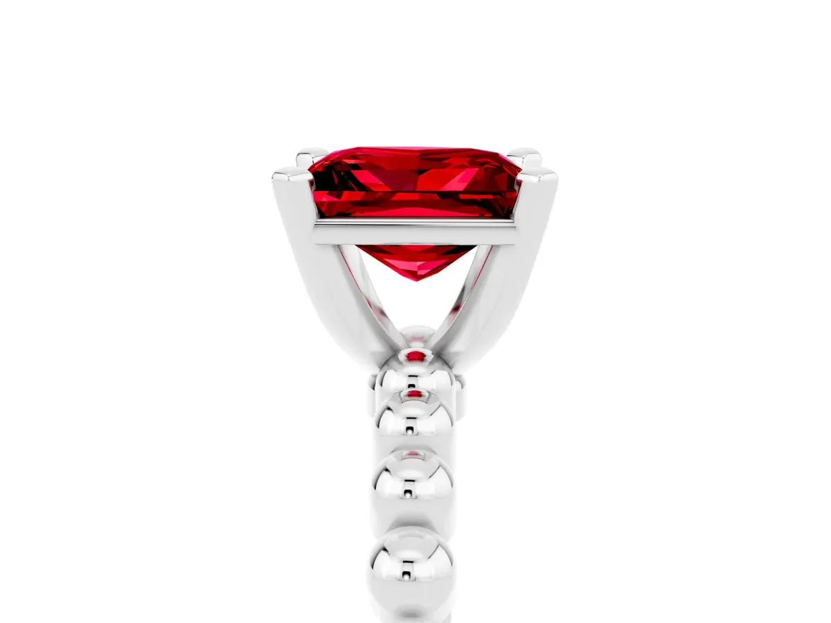 Princess Cut Ruby Solitaire Ring with Beaded Band and Prong Setting Silver