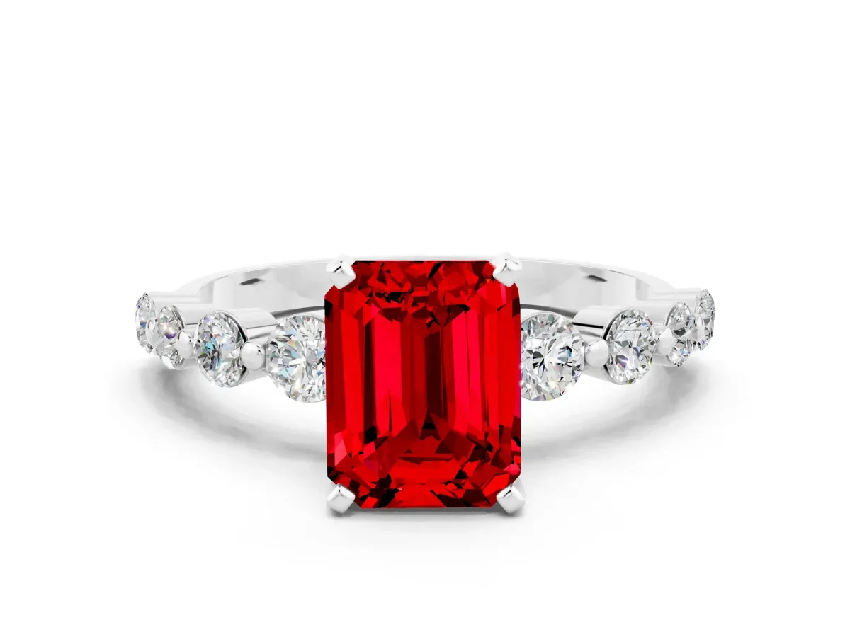 Emerald Cut Solitaire Ruby Ring with Pave Band and Four-Prong Setting White gold