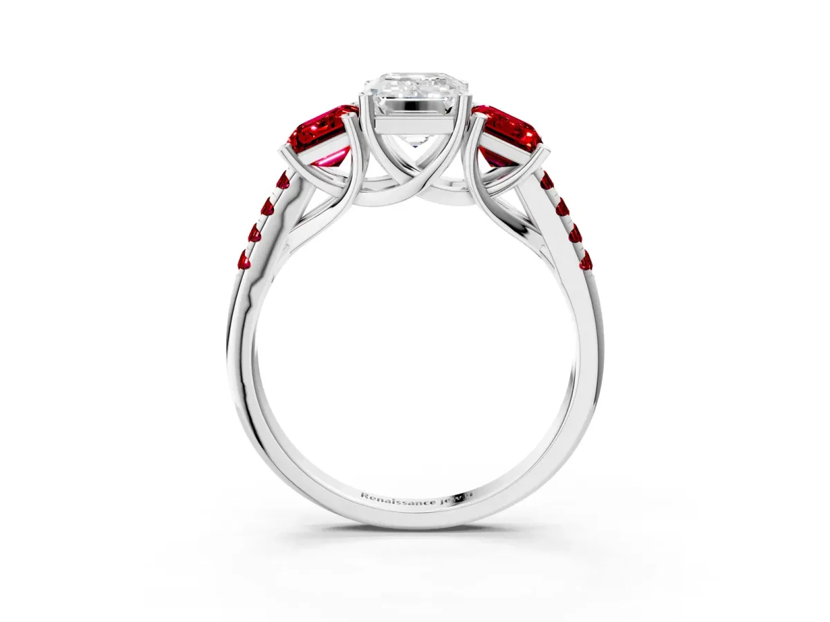 Three-Stone Emerald Cut Diamond Ring with Round Ruby Pavé Band and Prong Setting Silver