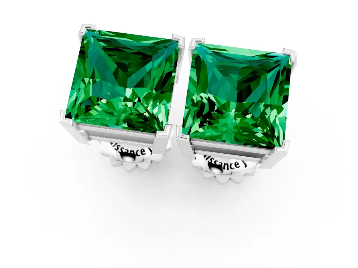 Princess Cut Emerald Stud Earrings Silver