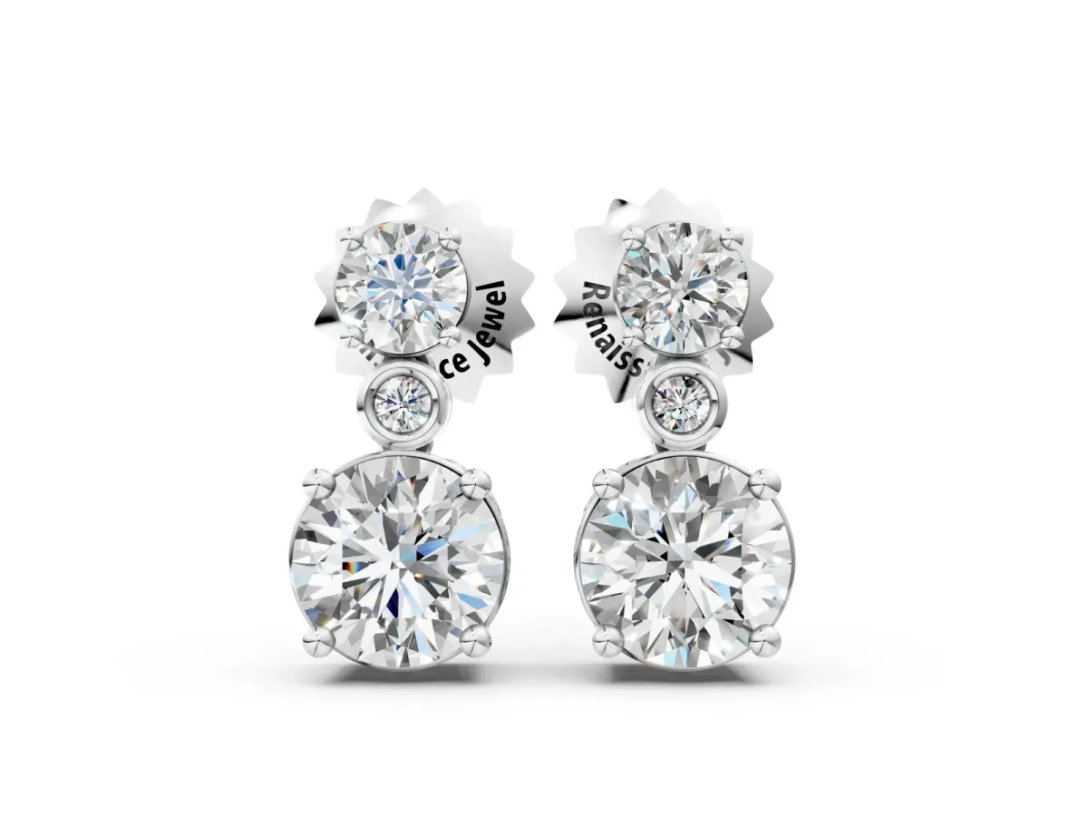 Round Diamond Two Stone Drop Earrings with Bezel Diamond Accent White gold