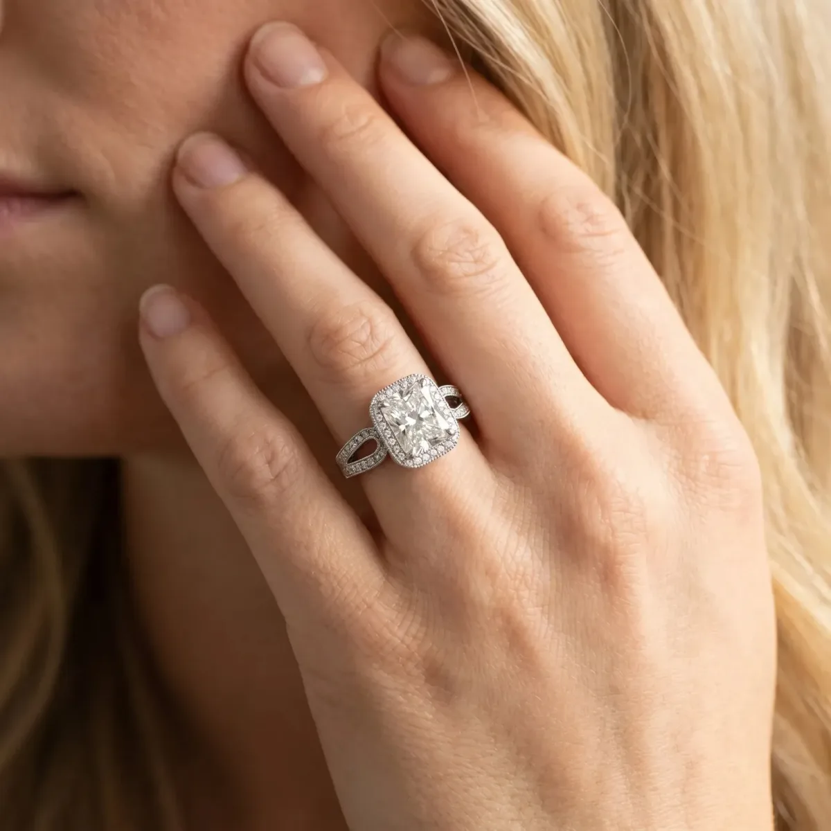 Radiant Cut Halo Split Shank Milgrain Diamond Ring Silver