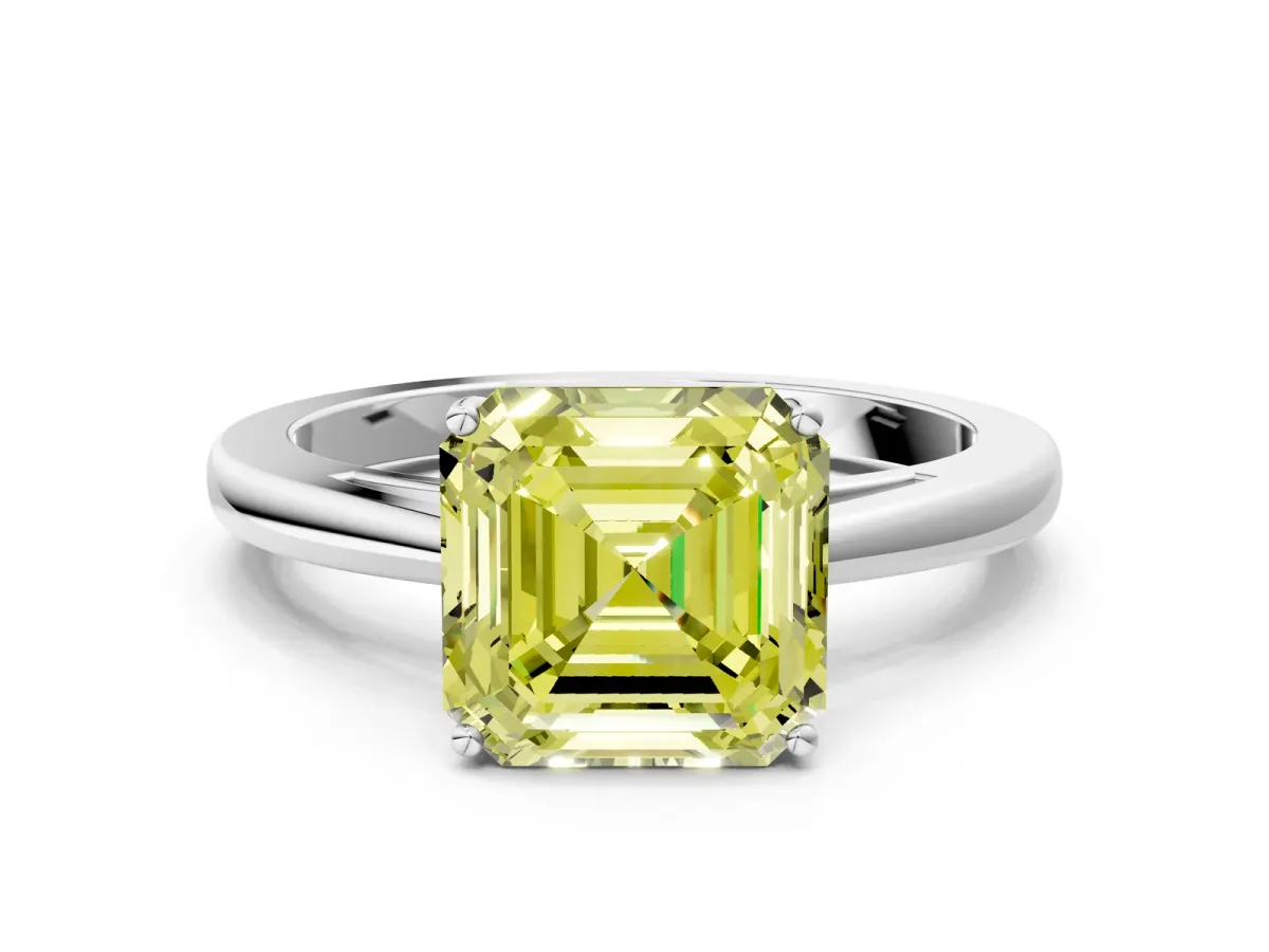 Fancy Yellow Asscher Cut Solitaire Diamond Ring with Split Shank and Four-Prong Setting Platinum