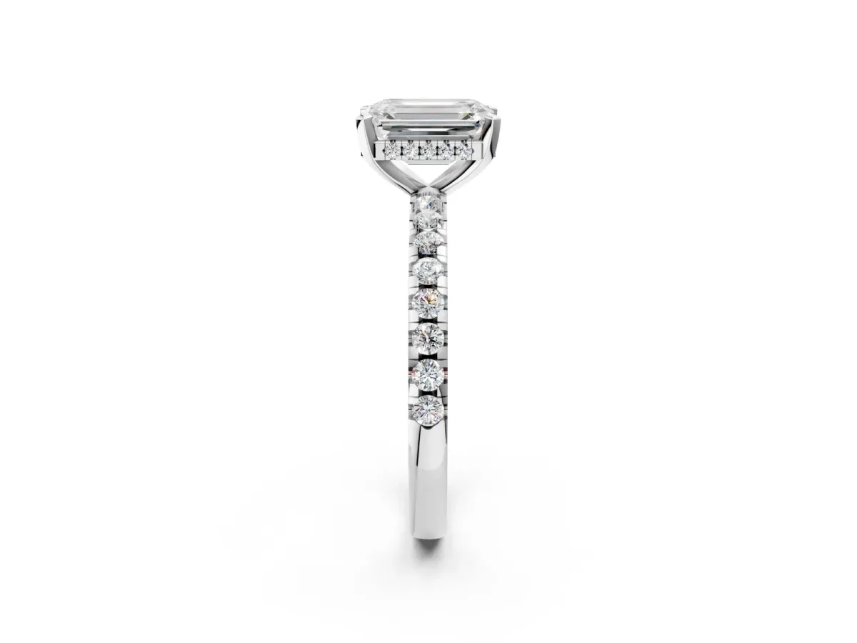 Emerald Cut Diamond Solitaire Ring with Round Pavé Band and Four-Prong Setting Silver