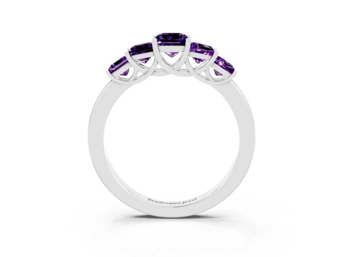 Princess Cut Five-Stone Amethyst Ring with Classic Prong Setting Silver