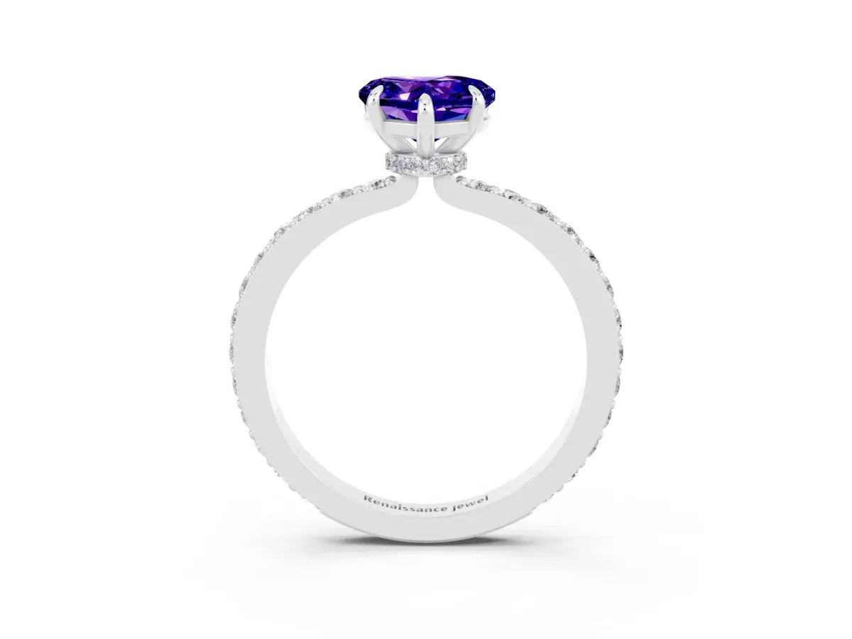 Heart Cut Tanzanite Solitaire Engagement Ring with Pavé Band and Four-Prong Setting Platinum