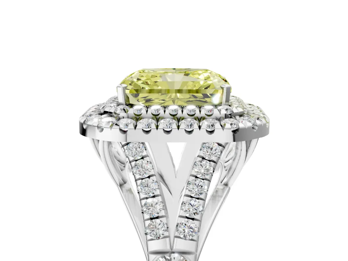 Fancy Yellow Radiant Cut Cut Double Halo Split Shank Diamond Ring with Prong Setting Platinum