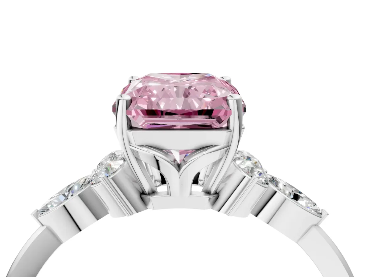Fancy Pink Radiant Cut Brilliant Diamond Solitaire Ring with Pear Side Stones and Four-Prong Setting Platinum