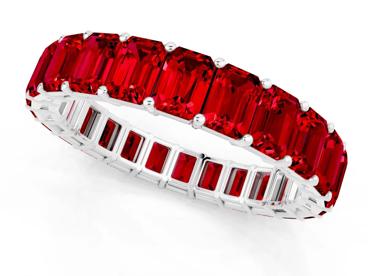 Emerald Cut Ruby Eternity Band with Shared Prong Setting White gold