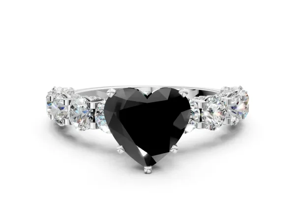 Fancy Black Heart Cut Diamond Side Stone Engagement Ring with Four-Prong Setting White gold