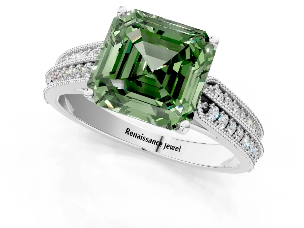 Fancy Green Asscher Cut Cut Pave Split Shank Engagement Ring with Four-Prong Setting Platinum