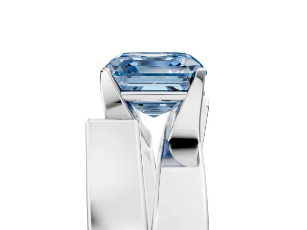 Fancy Blue Modern Tension Set Asscher Cut Diamond Solitaire Wide Band Ring Platinum